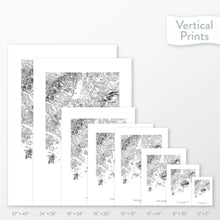 Load image into Gallery viewer, Available sizes for Acadia National Park topographic maps. 5x7, 8x10, 11x14, 16x20, 18x24, 24x36, and 27x40 posters shown. as black and white prints on a gray background.