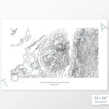 Load image into Gallery viewer, Horizontal custom topo map print of Adirondack Mountains, New York. Contour lines show the mountain topography of the area. Mountain elevation artwork.