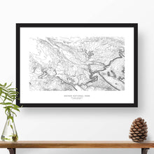 Load image into Gallery viewer, Framed travel art of Arches National Park, featuring topography map art in black and white.