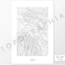 Load image into Gallery viewer, Aspen, Colorado ski area poster with topograpy contour lines in black on a white background. Customizable text makes it a great map art gift idea.