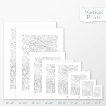 Load image into Gallery viewer, Side-by-side comparison of 8 dimension options for adventure travel art. Prints are decorative topographic maps of the Aspen ski area in Colorado.
