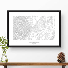 Load image into Gallery viewer, Framed black and white print of Backbone Mountain, Maryland with topography art.