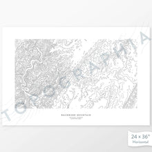 Load image into Gallery viewer, Example topographic map print of Backbone Mountain. Art uses horizontal orientation. Print shows landscape of the area using contour lines. On the artwork is a title and concise info of location and elevation.