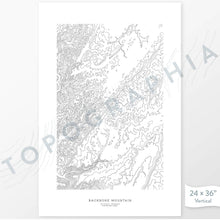 Load image into Gallery viewer, Example art map print of Backbone Mountain, Maryland. Art uses verticle orientation. Print shows landscape of the area using elevation data. On the artwork is a title and concise info of location and elevation. Custom map decor