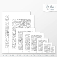 Load image into Gallery viewer, Available sizes for Badlands National Park topographic maps. 5x7, 8x10, 11x14, 16x20, 18x24, 24x36, and 27x40 posters shown. as black and white prints on a gray background.