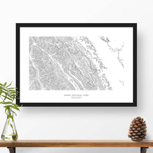 Load image into Gallery viewer, Framed travel art of Banff National Park, featuring topography map art in black and white.
