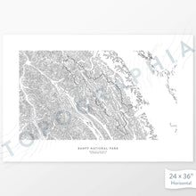 Load image into Gallery viewer, National Park print of Banff with a topographic map. Black contour lines on a white background.