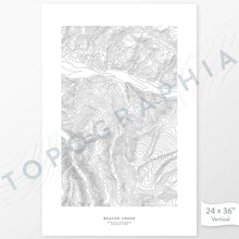 Load image into Gallery viewer, Example art map print of the Beaver Creek, Colorado ski area. Art uses verticle orientation. Print shows landscape of the area using elevation data. On the artwork is a title and concise info of location and elevation. Custom map decor