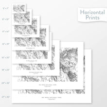 Load image into Gallery viewer, National park art of Big Bend. Map wall decor is available in multiple sizes: 5x7, 8x10, 11x14, 16x20, 18x24, 24x36, and 27x40.