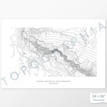 Load image into Gallery viewer, Horizontal custom topo map print of Black Canyon of the Gunnison National Park. Contour lines show the steep canyon topography of the area. National Park artwork