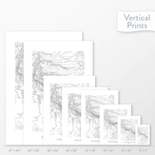 Load image into Gallery viewer, Side-by-side comparison of 8 dimension options for adventure travel art. Prints are decorative topographic maps of Black Canyon of the Gunnison National Park.