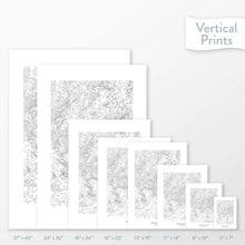 Load image into Gallery viewer, Available sizes for Black Elk Peak, South Dakota topographic maps. 5x7, 8x10, 11x14, 16x20, 18x24, 24x36, and 27x40 posters shown. as black and white prints on a gray background.