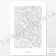 Load image into Gallery viewer, Vertical orientation Bluewood ski area poster with topographic map design.