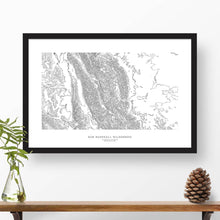 Load image into Gallery viewer, Framed black and white print of Bob Marshall Wilderness with topography art.