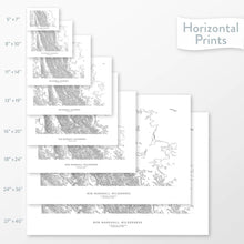 Load image into Gallery viewer, All sizes of horizontal prints for Bob Marshall Wilderness poster with topographic map.