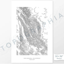 Load image into Gallery viewer, Bob Marshall Wilderness, Montana poster with black and white contour lines to represent topography