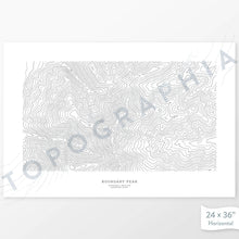 Load image into Gallery viewer, Example topographic map print of Boundary Peak, Nevada. Art uses horizontal orientation. Print shows landscape of the area using contour lines. On the artwork is a title and concise info of location and elevation.