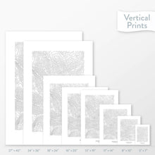 Load image into Gallery viewer, Available sizes for Boundary Peak, Nevada topographic maps. 5x7, 8x10, 11x14, 16x20, 18x24, 24x36, and 27x40 posters shown. as black and white prints on a gray background.