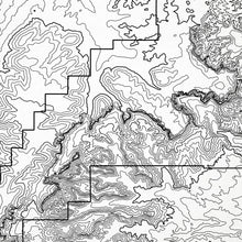 Load image into Gallery viewer, Close-up of black labels and contour lines for Bryce Canyon National Park poster with map art.