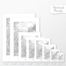 Load image into Gallery viewer, Available sizes for Bryce Canyon National Park topographic maps. 5x7, 8x10, 11x14, 16x20, 18x24, 24x36, and 27x40 posters shown. as black and white prints on a gray background.