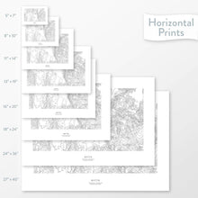 Load image into Gallery viewer, All sizes of horizontal prints for Butte, Montana poster with topographic map.