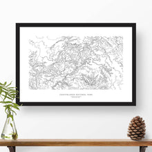 Load image into Gallery viewer, Framed black and white print of Canyonlands National Park topography art. Text can be added to create a custom map poster as a travel gift.