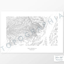 Load image into Gallery viewer, Decorative maps in many sizes of the Catskills Mountains topography: 5x7, 8x10, 11x14, 16x20, 18x24, 24x36, and 27x40.