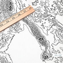 Load image into Gallery viewer, Close-up of black labels and contour lines for Colorado 14ers poster with map art.