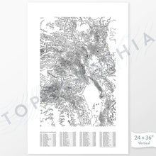 Load image into Gallery viewer, Colorado 14ers poster with black and white contour lines to represent topography and a legend that includes Colorado's 58 highest peaks, ordered by elevation with check boxes to mark mountain summits.