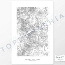Load image into Gallery viewer, Example art map print of the Columbia River Gorge that separates Washington and Oregon. Art uses verticle orientation. Print shows landscape of the area using elevation data. On the artwork is a title and concise info of location and elevation. Custom map decor