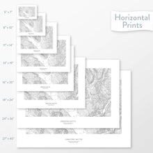 Load image into Gallery viewer, Available sizes for Crested Butte, Colorado topographic maps. 5x7, 8x10, 11x14, 16x20, 18x24, 24x36, and 27x40 posters shown. as black and white prints on a gray background.