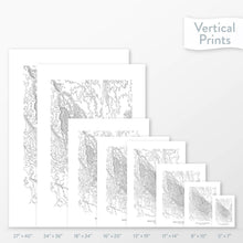 Load image into Gallery viewer, Side-by-side comparison of 8 dimension options for adventure travel art. Prints are decorative topographic maps of Eagle Cap Wilderness, Oregon.
