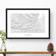 Load image into Gallery viewer, Map wall decor in a black frame. Contour lines of Enchantments, Washington are drawn on a white background. Text below the map can be customized to create custom adventure art.