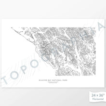 Load image into Gallery viewer, Horizontal custom topo map print of Glacier Bay National Park. Contour lines show the topography of the area. National Park artwork