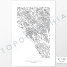 Load image into Gallery viewer, Example art map print of Glacier Bay National Park. Art uses verticle orientation. Print shows landscape of the area using elevation data. On the artwork is a title and concise info of location and elevation. Custom map decor