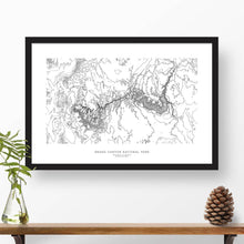 Load image into Gallery viewer, Framed black and white print of Grand Canyon National Park topography art. Text can be added to create a custom map poster as a travel gift.