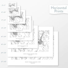 Load image into Gallery viewer, National park art of Grand Canyon. Map wall decor is available in multiple sizes: 5x7, 8x10, 11x14, 16x20, 18x24, 24x36, and 27x40.