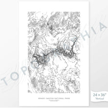 Load image into Gallery viewer, Grand Canyon National Park poster with topograpy contour lines in black on a white background. Customizable text makes it a great map art gift idea.