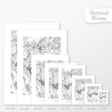 Load image into Gallery viewer, Side-by-side comparison of 8 dimension options for adventure travel art. Prints are decorative topographic maps of Grand Canyon National Park.