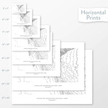 Load image into Gallery viewer, Available sizes for Guadalupe Mountains National Park topographic maps. 5x7, 8x10, 11x14, 16x20, 18x24, 24x36, and 27x40 posters shown. as black and white prints on a gray background.