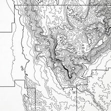 Load image into Gallery viewer, Close-up of black labels and contour lines for Guadalupe Mountains National Park poster with map art.