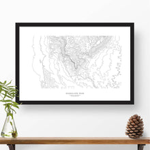 Load image into Gallery viewer, Framed travel art of Guadalupe Peak, Texas, featuring topography map art in black and white.