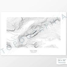 Load image into Gallery viewer, Horizontal custom topo map print of Half Dome, Yosemite. Contour lines show the steep topography of the area. Mountain elevation artwork.