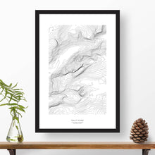 Load image into Gallery viewer, Half Dome, Yosemite topographic map poster, 24 inches by 36 inches, in a vertical orientation, with a black solid wood ready-to-hang frame.