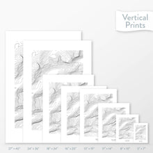 Load image into Gallery viewer, 6 sizes of Half Dome, Yosemite, California poster that features a topographic map design.