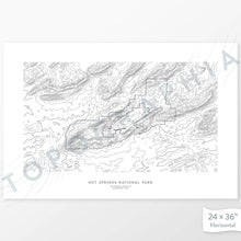Load image into Gallery viewer, National Park print of Hot Springs National Park with a topographic map. Black contour lines on a white background.