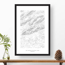 Load image into Gallery viewer, National park print of Hot Springs National Park with black and white topography in a black 24x36 vertical frame.