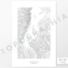 Load image into Gallery viewer, Jackson Hole, Wyoming poster with topograpy contour lines in black on a white background. Customizable text makes it a great map art gift idea.