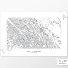 Load image into Gallery viewer, Horizontal custom topo map print of Jasper National Park. Contour lines show the topography of the area. National Park artwork