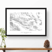Load image into Gallery viewer, Joshua Tree National Park topographic map art poster with black frame.